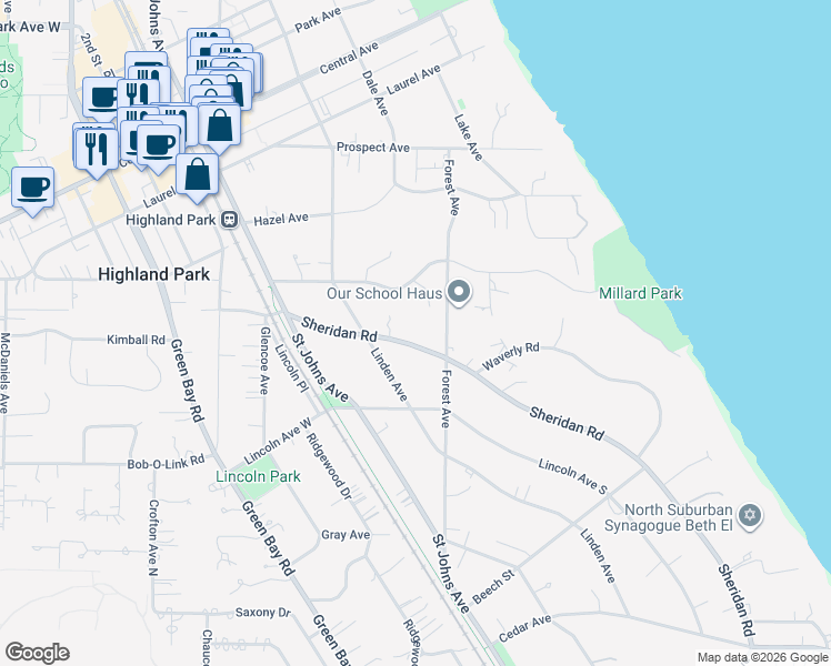 map of restaurants, bars, coffee shops, grocery stores, and more near 1499 Sheridan Road in Highland Park