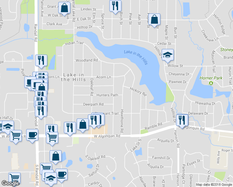 map of restaurants, bars, coffee shops, grocery stores, and more near 202 Wander Way in Lake in the Hills