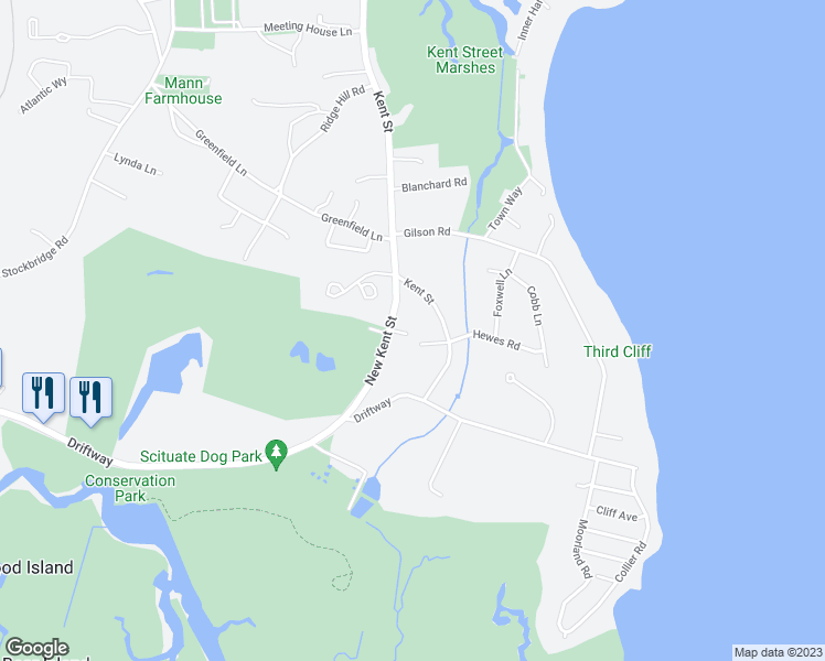 map of restaurants, bars, coffee shops, grocery stores, and more near 43 New Kent Street in Scituate