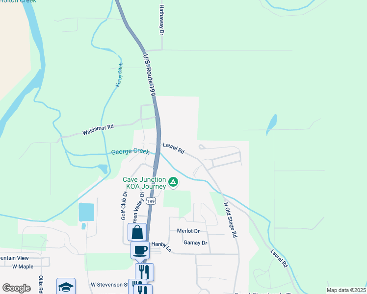 map of restaurants, bars, coffee shops, grocery stores, and more near 495 Laurel Road in Cave Junction