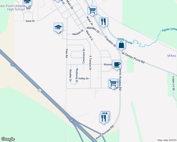 map of restaurants, bars, coffee shops, grocery stores, and more near 611 East Terrace Drive in Center Point