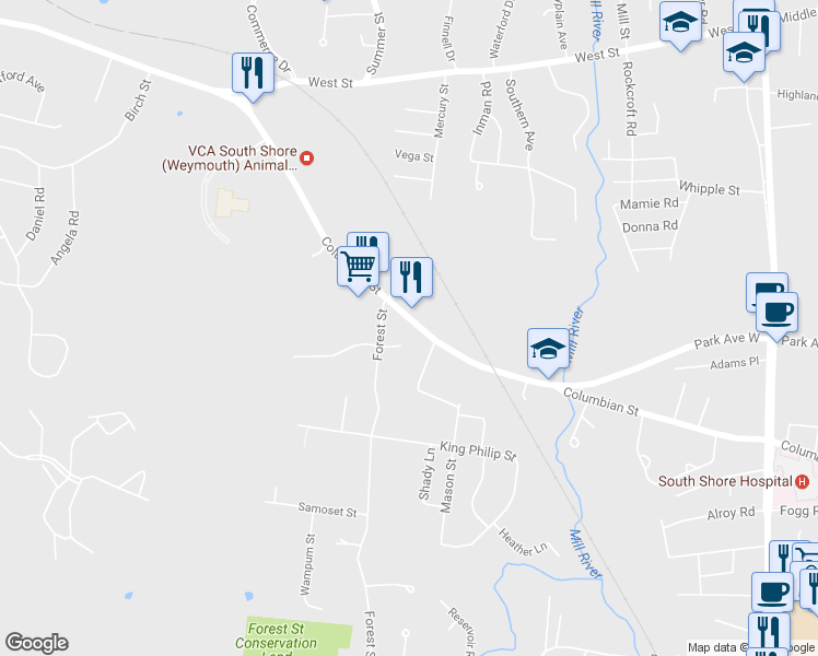 map of restaurants, bars, coffee shops, grocery stores, and more near 432 Columbian Street in Weymouth