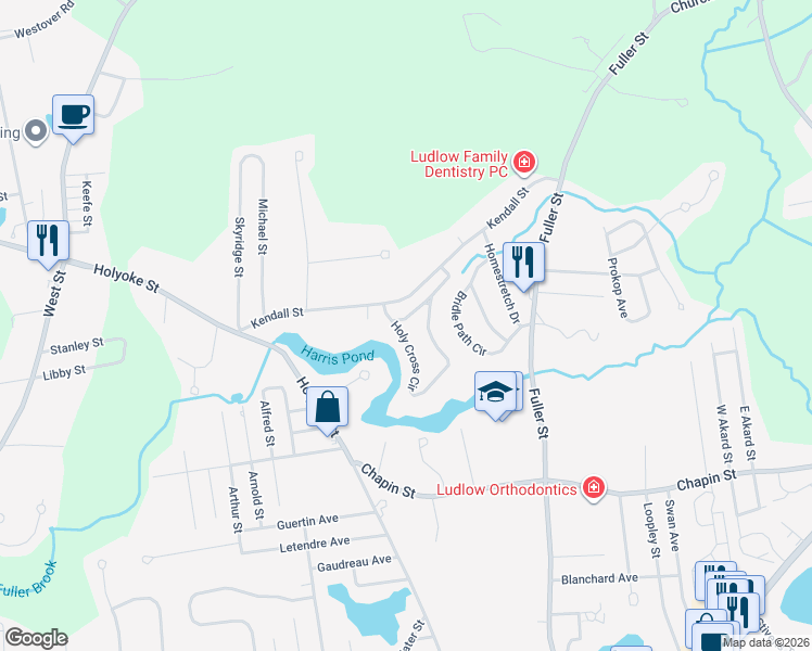 map of restaurants, bars, coffee shops, grocery stores, and more near 33 Holy Cross Circle in Ludlow
