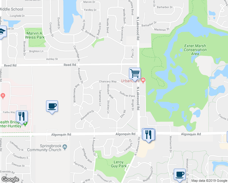 map of restaurants, bars, coffee shops, grocery stores, and more near 5460 Sullivan Pass in Lake in the Hills