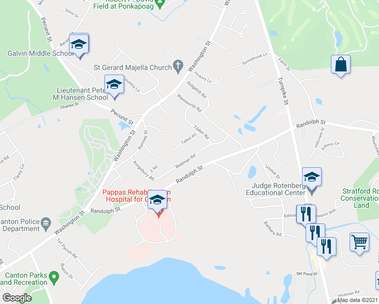 map of restaurants, bars, coffee shops, grocery stores, and more near 19 Redman Road in Canton