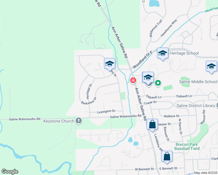 map of restaurants, bars, coffee shops, grocery stores, and more near 391 Berkshire Dr in Saline