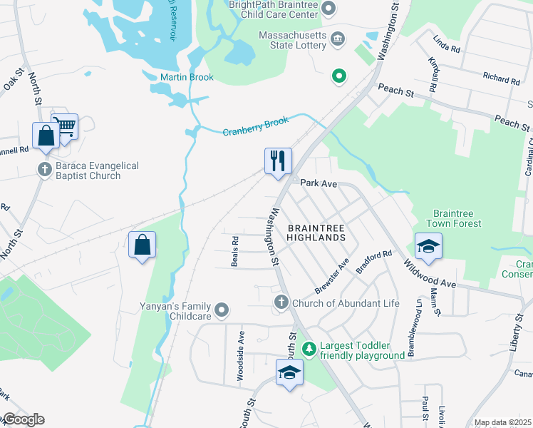 map of restaurants, bars, coffee shops, grocery stores, and more near 1756 Washington Street in Braintree