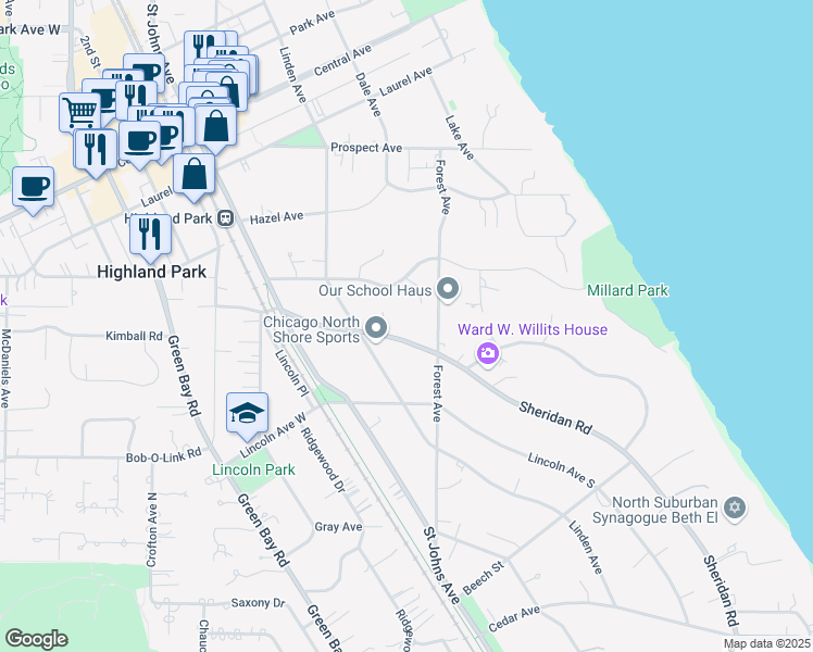 map of restaurants, bars, coffee shops, grocery stores, and more near 1499 Sheridan Road in Highland Park