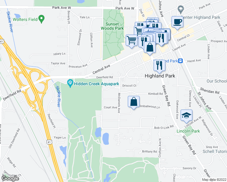 map of restaurants, bars, coffee shops, grocery stores, and more near 1516 McDaniels Avenue in Highland Park