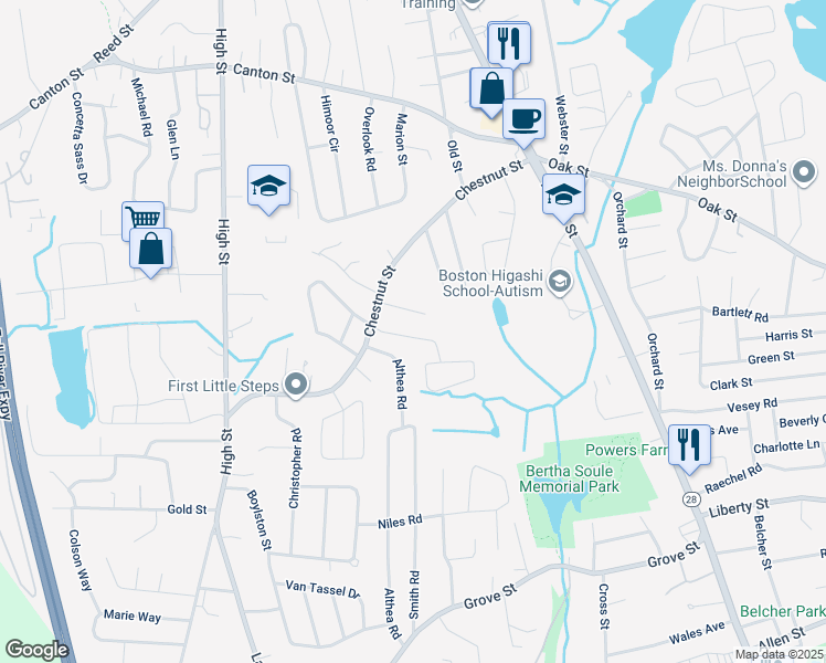 map of restaurants, bars, coffee shops, grocery stores, and more near 40 Chestnut Circle in Randolph
