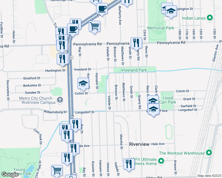 map of restaurants, bars, coffee shops, grocery stores, and more near 17622 Valade Street in Riverview