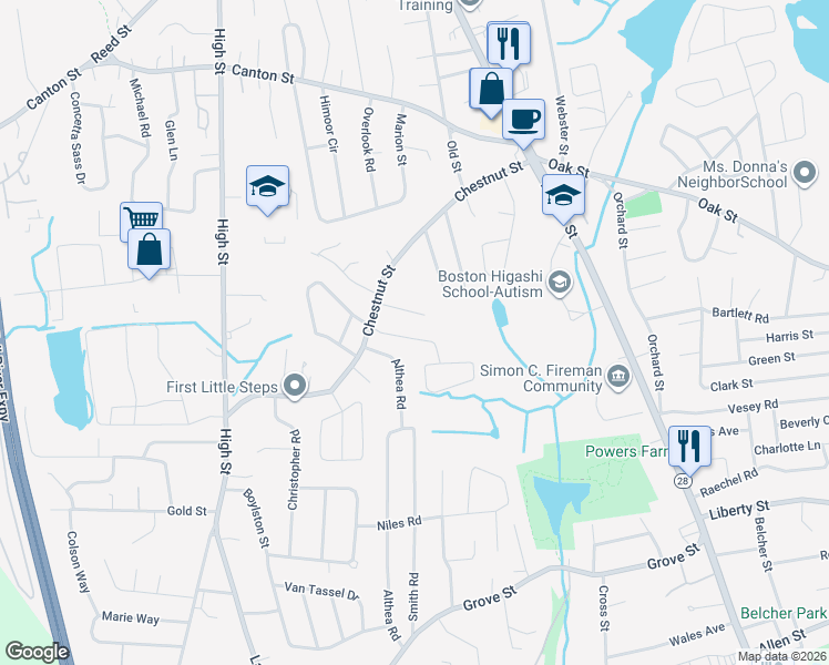 map of restaurants, bars, coffee shops, grocery stores, and more near 40 Chestnut Circle in Randolph