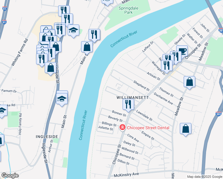 map of restaurants, bars, coffee shops, grocery stores, and more near 123 Melvin Street in Chicopee
