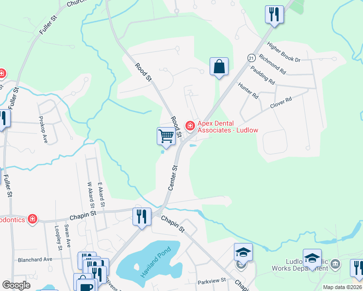 map of restaurants, bars, coffee shops, grocery stores, and more near 641 Center Street in Ludlow