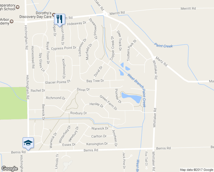 map of restaurants, bars, coffee shops, grocery stores, and more near 7701 Dover Drive in Ypsilanti