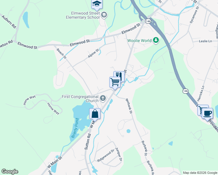 map of restaurants, bars, coffee shops, grocery stores, and more near 30 High Street in Millbury