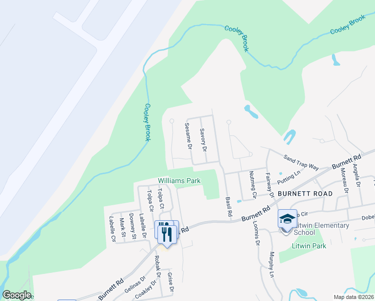 map of restaurants, bars, coffee shops, grocery stores, and more near 126 Sesame Drive in Chicopee