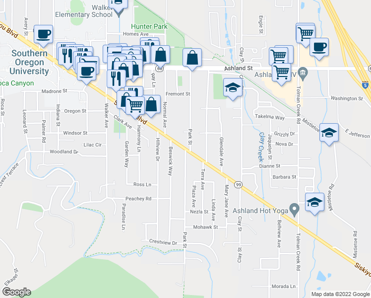 map of restaurants, bars, coffee shops, grocery stores, and more near Siskiyou Blvd & Park St in Ashland