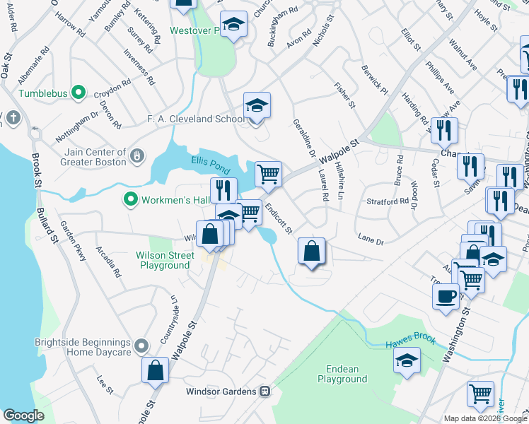 map of restaurants, bars, coffee shops, grocery stores, and more near 3 Endicott Street in Norwood