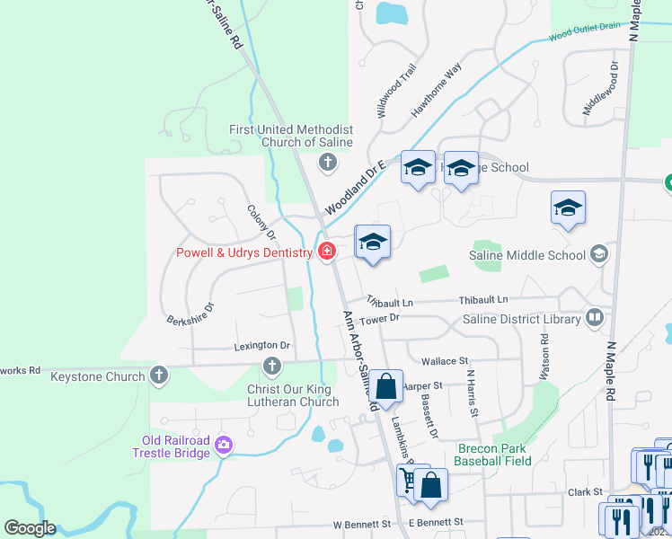 map of restaurants, bars, coffee shops, grocery stores, and more near 7215 Ann Arbor-Saline Road in Saline