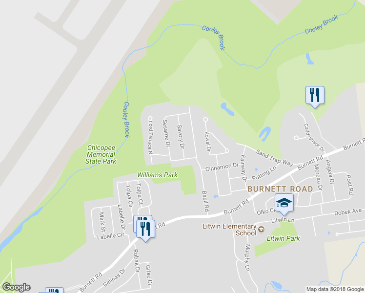 map of restaurants, bars, coffee shops, grocery stores, and more near 95 Savory Drive in Chicopee