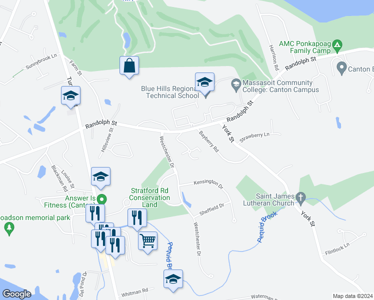 map of restaurants, bars, coffee shops, grocery stores, and more near 735 Randolph Street in Canton