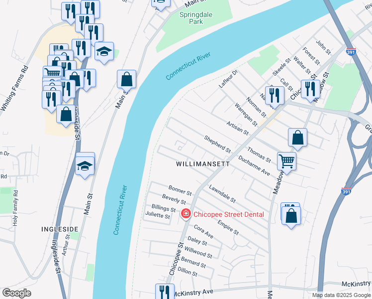 map of restaurants, bars, coffee shops, grocery stores, and more near 123 Melvin Street in Chicopee