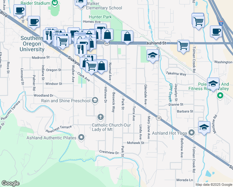 map of restaurants, bars, coffee shops, grocery stores, and more near 1830 Siskiyou Boulevard in Ashland