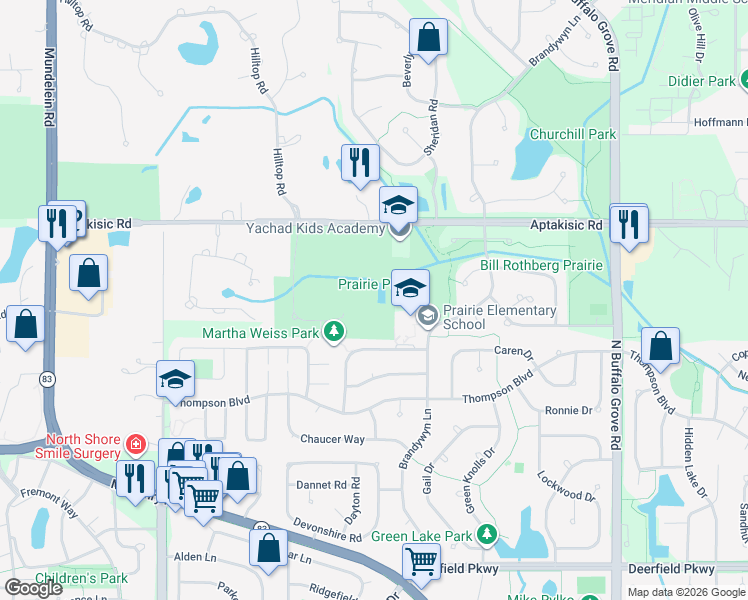 map of restaurants, bars, coffee shops, grocery stores, and more near 1530 Brandywyn Lane in Buffalo Grove