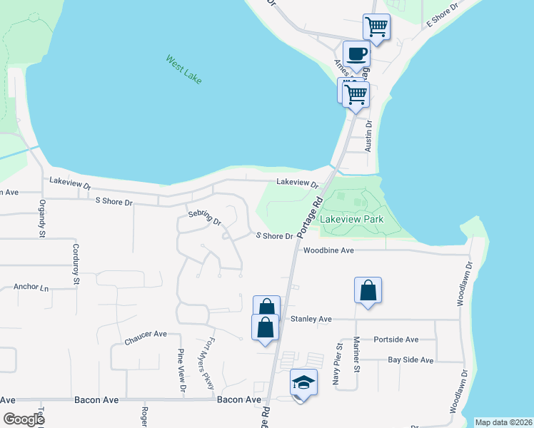 map of restaurants, bars, coffee shops, grocery stores, and more near 1715 South Shore Drive in Portage