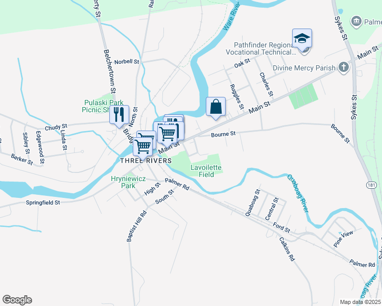 map of restaurants, bars, coffee shops, grocery stores, and more near 30 Belanger Street in Palmer