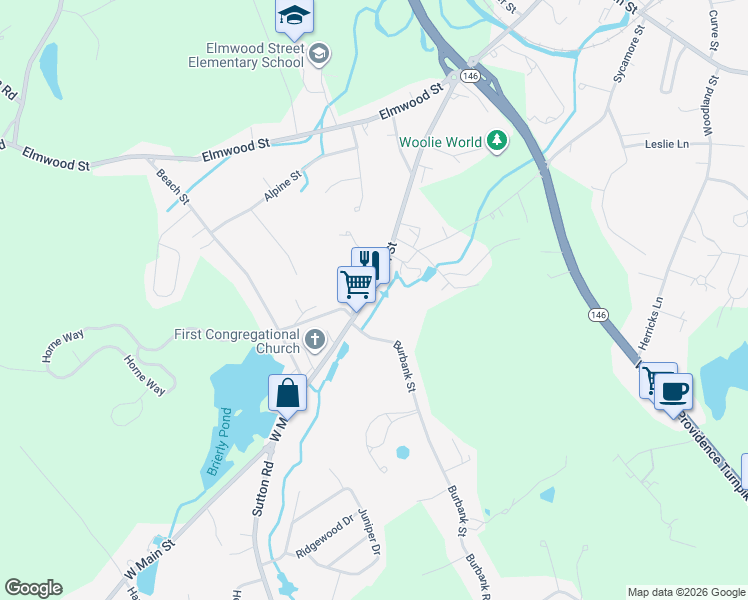 map of restaurants, bars, coffee shops, grocery stores, and more near 100 West Main Street in Millbury