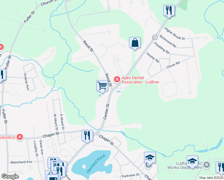 map of restaurants, bars, coffee shops, grocery stores, and more near 641 Center Street in Ludlow