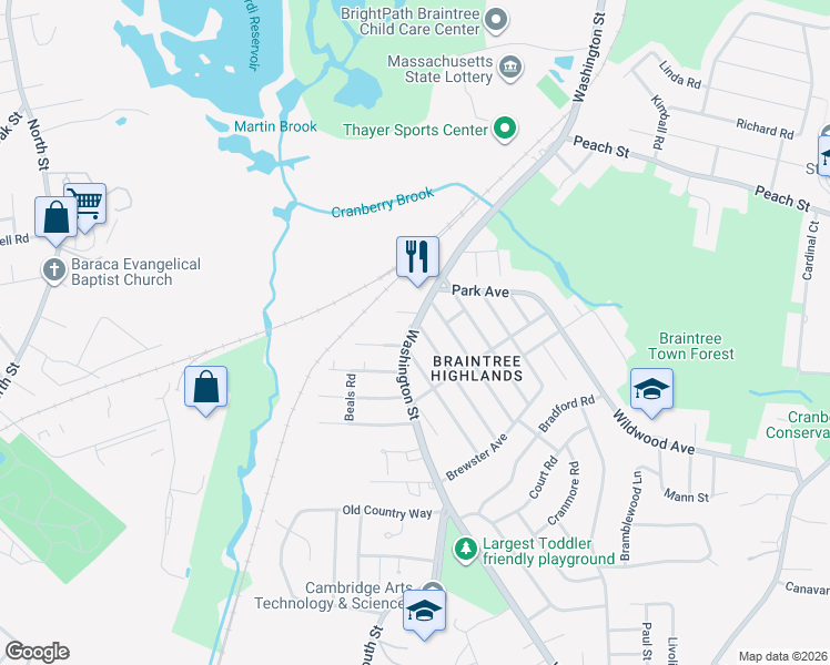 map of restaurants, bars, coffee shops, grocery stores, and more near 1756 Washington Street in Braintree