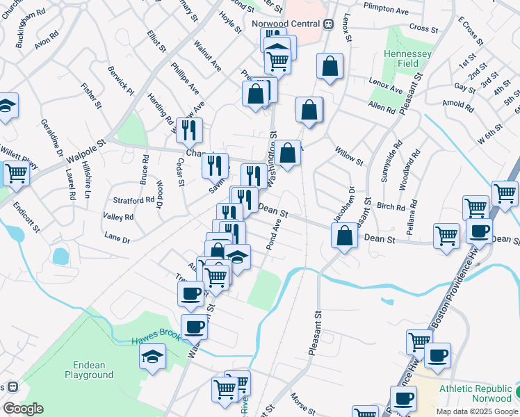 map of restaurants, bars, coffee shops, grocery stores, and more near 27 Dean Street in Norwood