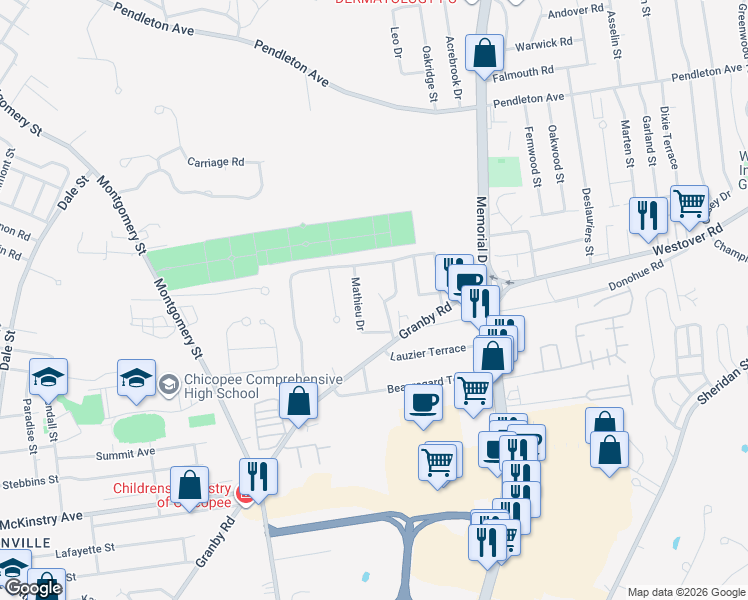 map of restaurants, bars, coffee shops, grocery stores, and more near 22 Bardon Street in Chicopee