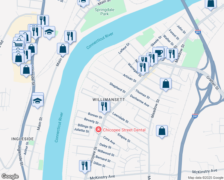map of restaurants, bars, coffee shops, grocery stores, and more near 174 Narragansett Boulevard in Chicopee
