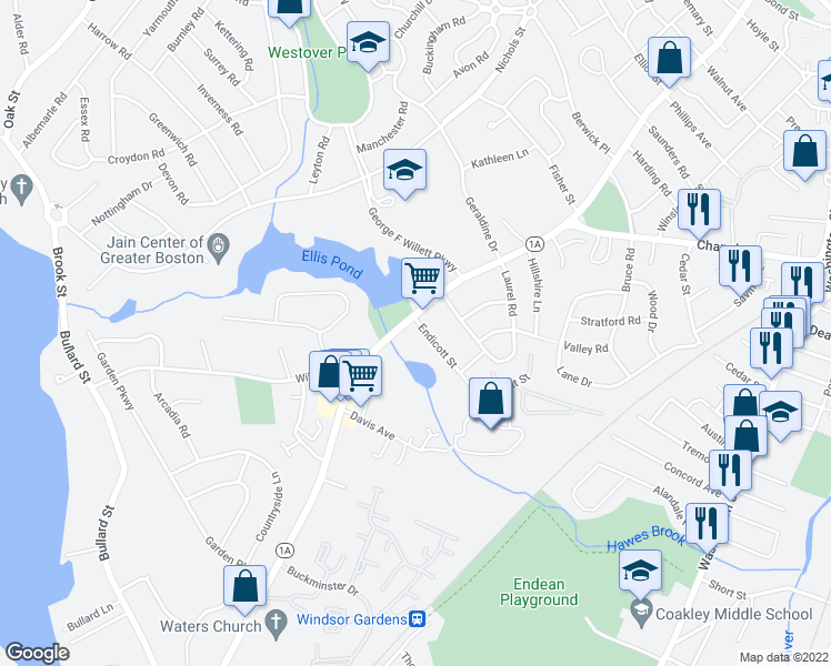 map of restaurants, bars, coffee shops, grocery stores, and more near 3 Endicott Street in Norwood