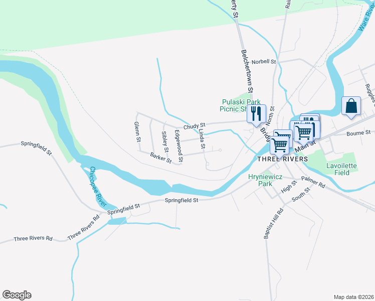 map of restaurants, bars, coffee shops, grocery stores, and more near 5 Sylvia Street in Palmer