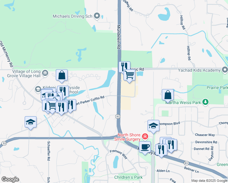 map of restaurants, bars, coffee shops, grocery stores, and more near 4155 Robert Parker Coffin Road in Long Grove
