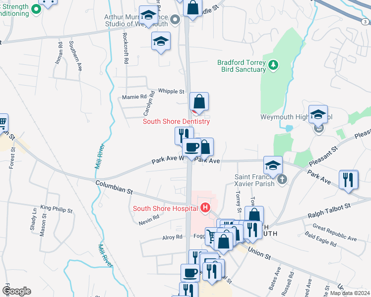 map of restaurants, bars, coffee shops, grocery stores, and more near 747 Main Street in Weymouth