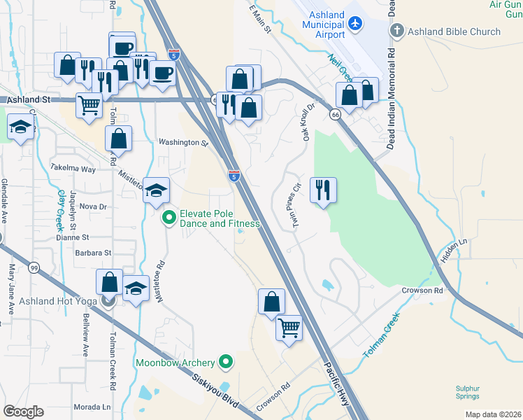 map of restaurants, bars, coffee shops, grocery stores, and more near 843 Oak Knoll Drive in Ashland