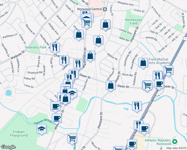 map of restaurants, bars, coffee shops, grocery stores, and more near 46 Dean Street in Norwood