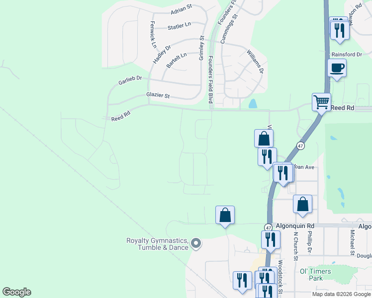 map of restaurants, bars, coffee shops, grocery stores, and more near Reed Road in Huntley