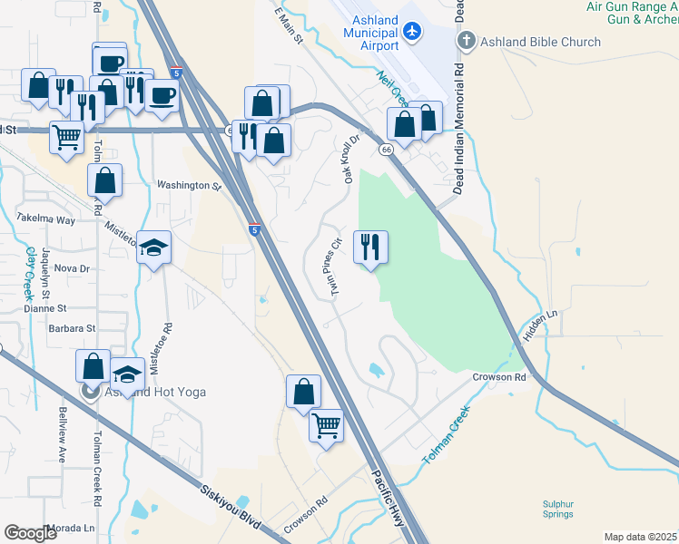 map of restaurants, bars, coffee shops, grocery stores, and more near 854 Twin Pines Circle in Ashland