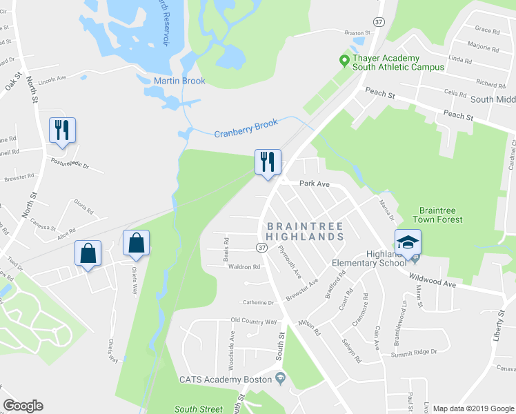 map of restaurants, bars, coffee shops, grocery stores, and more near 1756 Washington Street in Braintree