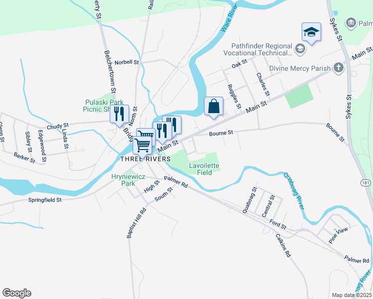 map of restaurants, bars, coffee shops, grocery stores, and more near 30 Belanger Street in Palmer