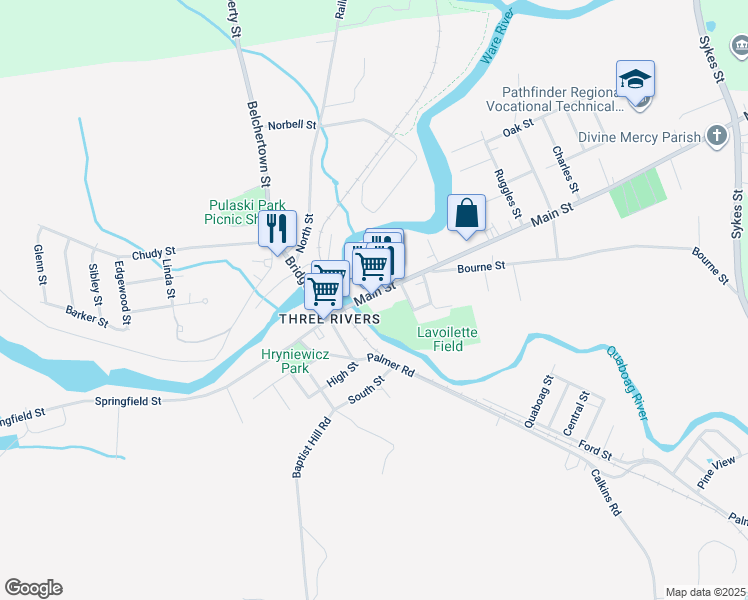 map of restaurants, bars, coffee shops, grocery stores, and more near 2033 Main Street in Palmer