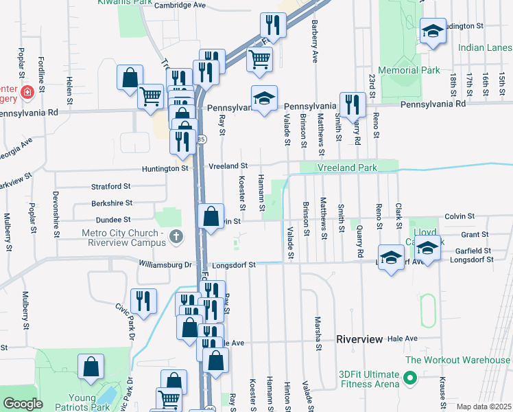 map of restaurants, bars, coffee shops, grocery stores, and more near 17568 Hamann Street in Riverview