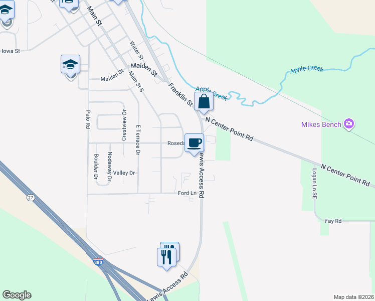 map of restaurants, bars, coffee shops, grocery stores, and more near 526 Lincoln Drive in Center Point